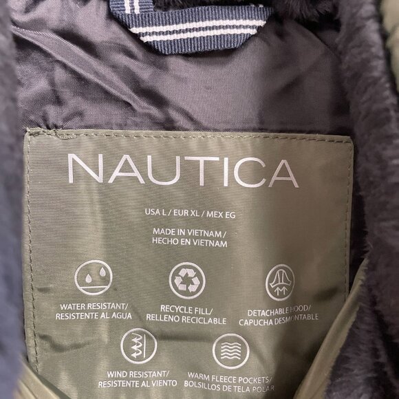 NEW Nautica Women's Size L Olive Green Quilted Puffer Jacket W/ Faux Fur Hood - Picture 6 of 11